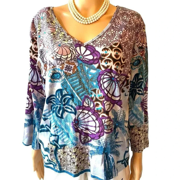 Le Mieux Studio V neck Floral Beach Summer Casual Artsy Top Womens XL Stretch - Picture 1 of 6